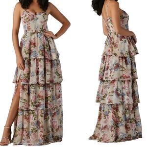 Storia Chiffon Floral Ruffle A-Line Maxi